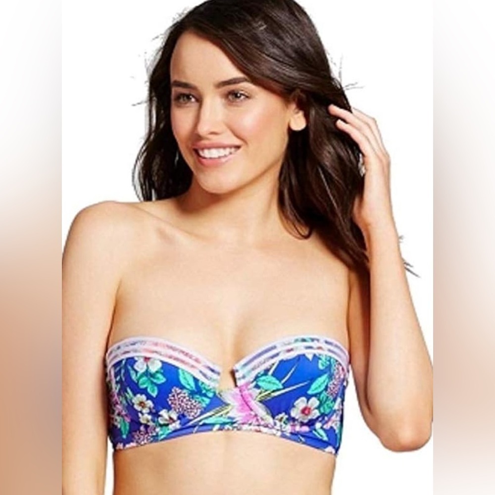 Shade and Shore Blue Floral Strapless Bikini Top with Molded Cups Size 36D